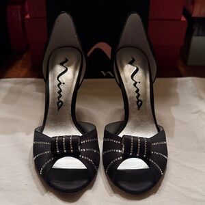 Nina Black Peep-Toe Heels with Rhinestone Detail